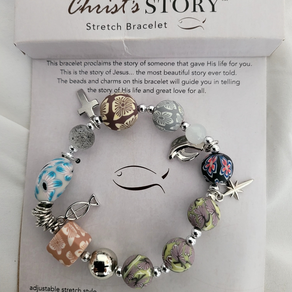 Hand Made, Christ's Story Floral Multi-Color Charm Stretch Bracelet
